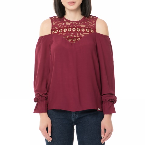 GUESS-Γυναικεία μακρυμάνικη μπλούζα GUESS GAYLA TOP - VISCOSE DRAPY μπορντό