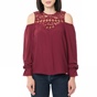 GUESS-Γυναικεία μακρυμάνικη μπλούζα GUESS GAYLA TOP - VISCOSE DRAPY μπορντό