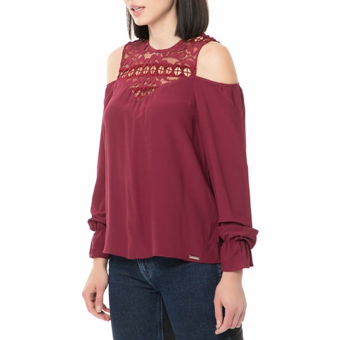 GUESS-Γυναικεία μακρυμάνικη μπλούζα GUESS GAYLA TOP - VISCOSE DRAPY μπορντό