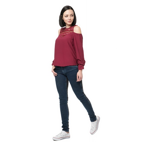 GUESS-Γυναικεία μακρυμάνικη μπλούζα GUESS GAYLA TOP - VISCOSE DRAPY μπορντό