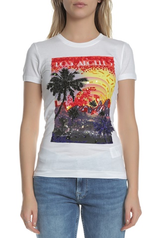GUESS-Γυναικεία κοντομάνικη μπλούζα SOUVENIR GUESS λευκή με τύπωμα