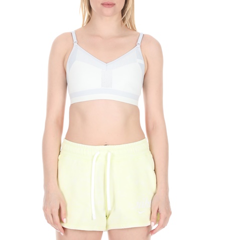 NIKE-Γυναικείο αθλητικό μπουστάκι NIKE FLYKNIT INDY BRA λευκό ασημί