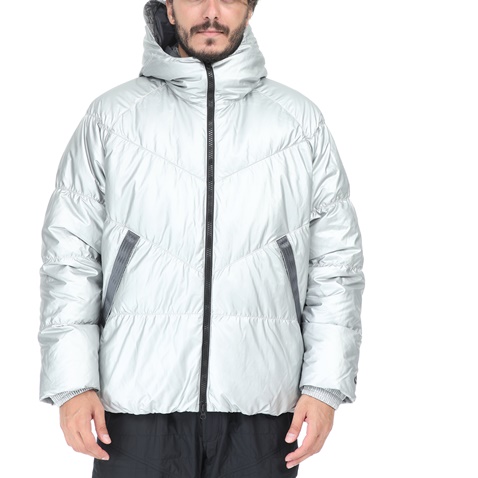 NIKE-Ανδρικό μπουφάν με κουκούλα NIKE DWN FILL JKT HD METALLIC ασημί