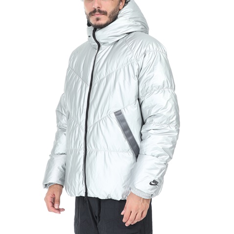 NIKE-Ανδρικό μπουφάν με κουκούλα NIKE DWN FILL JKT HD METALLIC ασημί