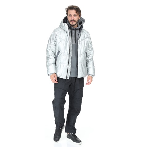 NIKE-Ανδρικό μπουφάν με κουκούλα NIKE DWN FILL JKT HD METALLIC ασημί