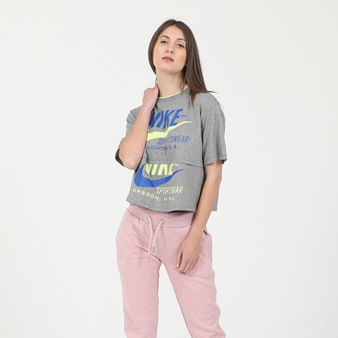 NIKE-Γυναικείο cropped t-shirt NIKE CJ2040 W NSW ICN CLSH SS TOP γκρι