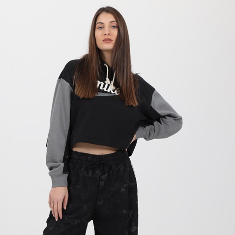 NIKE-Γυναικεία cropped φούτερ μπλούζα NIKE CJ4072 W NSW VRSTY HOODIE FT μαύρη γκρι