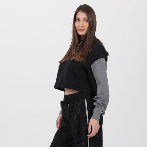 NIKE-Γυναικεία cropped φούτερ μπλούζα NIKE CJ4072 W NSW VRSTY HOODIE FT μαύρη γκρι