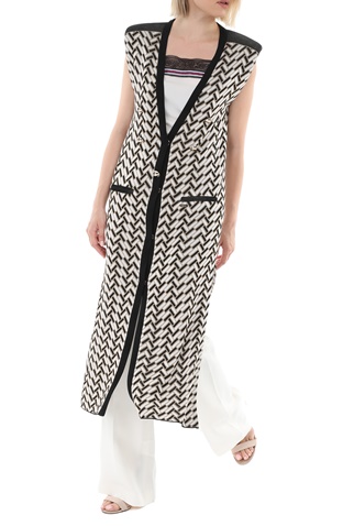 NENETTE-Γυναικεία μακριά αμάνικη ζακέτα NENETTE CRUZ MICRO JACQUARD μαύρη λευκή