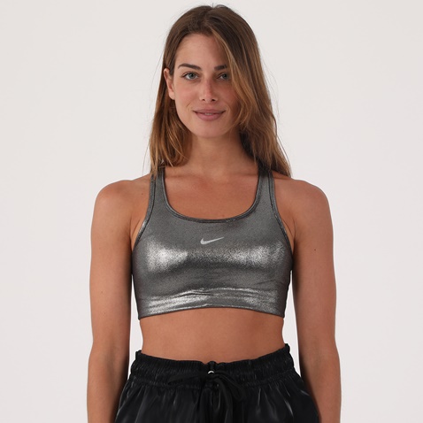 NIKE-Γυναικείο αθλητικό μπουστάκι NIKE SWOOSH ICNCLSH SHMR BRA ασημί