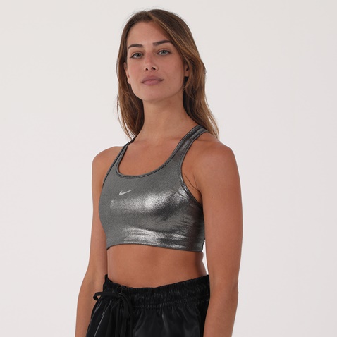 NIKE-Γυναικείο αθλητικό μπουστάκι NIKE SWOOSH ICNCLSH SHMR BRA ασημί