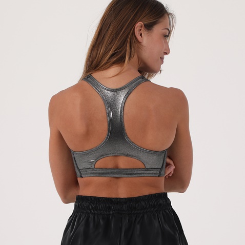 NIKE-Γυναικείο αθλητικό μπουστάκι NIKE SWOOSH ICNCLSH SHMR BRA ασημί