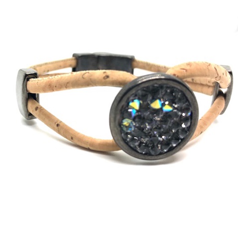 APOXYLO-Γυναικείο βραχιόλι από φελλό APOXYLO 540 BLACK NIKEL SWAROVSKI εκρού μαύρο