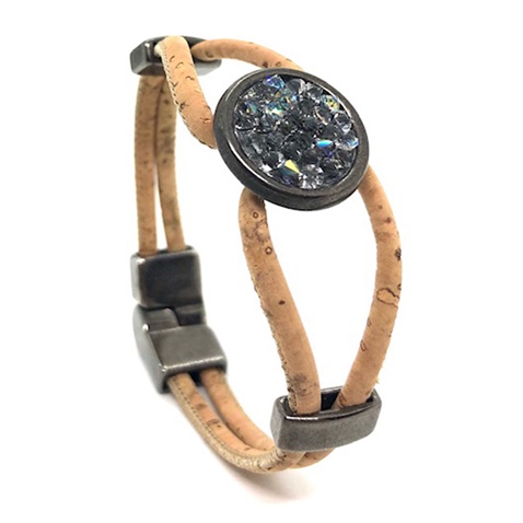 APOXYLO-Γυναικείο βραχιόλι από φελλό APOXYLO 540 BLACK NIKEL SWAROVSKI εκρού μαύρο
