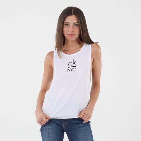 CALVIN KLEIN JEANS-Γυναικείο αμάνικο top CALVIN KLEIN JEANS KW0KW01026 SIDE KNOTTED λευκό