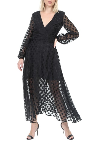 GUESS-Γυναικείο maxi φόρεμα GUESS BERTHA CLIPPED DOTS μαύρο