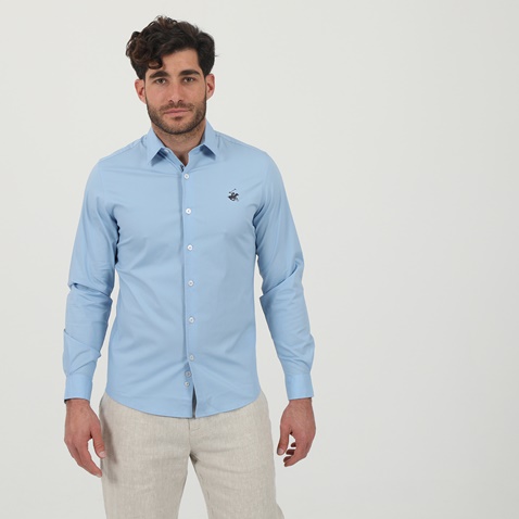 BEVERLY HILLS POLO CLUB-Ανδρικό πουκάμισο BEVERLY HILLS POLO CLUB BHP.CNT.041.001 γαλάζιο