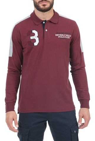 BEVERLY HILLS POLO CLUB-Ανδρική polo μπλούζα BEVERLY HILLS POLO CLUB M L/S POLO  μπορντό