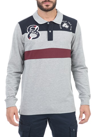 BEVERLY HILLS POLO CLUB-Ανδρική polo μπλούζα BEVERLY HILLS POLO CLUB M L/S POLO PIECED  γκρι