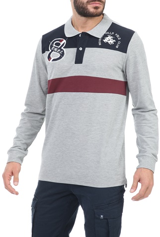 BEVERLY HILLS POLO CLUB-Ανδρική polo μπλούζα BEVERLY HILLS POLO CLUB M L/S POLO PIECED  γκρι