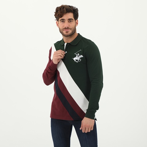 BEVERLY HILLS POLO CLUB-Ανδρική polo μπλούζα BEVERLY HILLS POLO CLUB κόκκινη μπλε