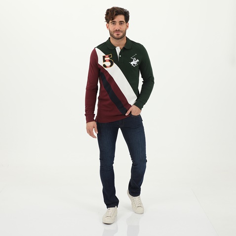 BEVERLY HILLS POLO CLUB-Ανδρική polo μπλούζα BEVERLY HILLS POLO CLUB κόκκινη μπλε