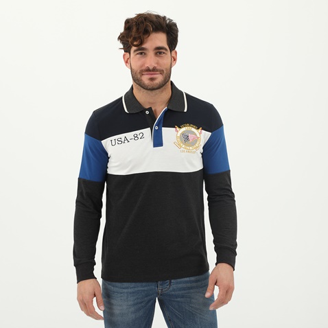 BEVERLY HILLS POLO CLUB-Ανδρική polo μπλούζα BEVERLY HILLS POLO CLUB γκρι