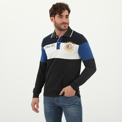 BEVERLY HILLS POLO CLUB-Ανδρική polo μπλούζα BEVERLY HILLS POLO CLUB γκρι