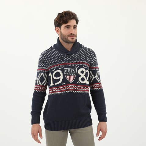 BEVERLY HILLS POLO CLUB-Ανδρική πλεκτή μπλούζα BEVERLY HILLS POLO CLUB μπλε