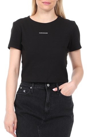 CALVIN KLEIN JEANS-Γυναικεία μπλούζα CALVIN KLEIN JEANS MICRO BRANDING CROP RIB μαύρη