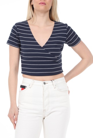 TOMMY HILFIGER-Γυναικείο top TOMMY HILFIGER STRIPED WRAP μπλε λευκό