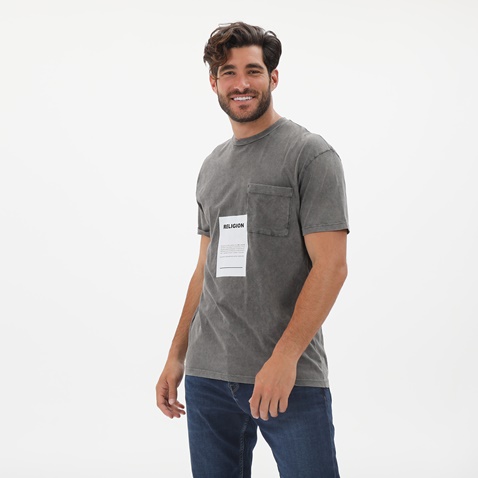 RELIGION-Ανδρικό t-shirt RELIGION RE0AP11TAPN960000000 ACID PATCH TEE γκρι ανθρακί