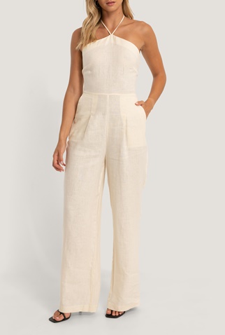 NA-KD-Γυναικεία ολόσωμη φόρμα NA-KD HALTERNECK LINEN μπεζ