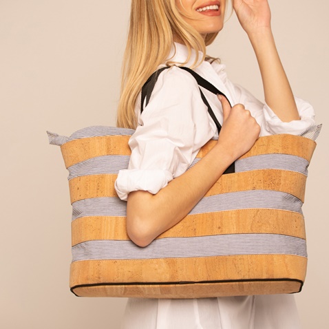 APOXYLO-Γυναικεία τσάντα θαλάσσης APOXYLO 366 SUMMER BEACH BAG εκρού μπλε
