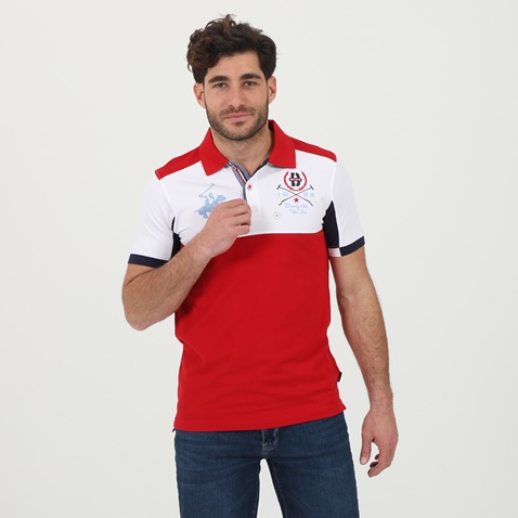 BEVERLY HILLS POLO CLUB-Ανδρική polo μπλούζα BEVERLY HILLS POLO CLUB BHP.1S1.062.109 λευκή κόκκινη