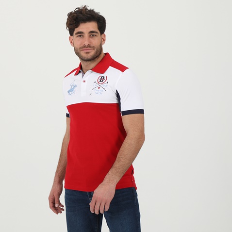 BEVERLY HILLS POLO CLUB-Ανδρική polo μπλούζα BEVERLY HILLS POLO CLUB BHP.1S1.062.109 λευκή κόκκινη