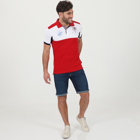 BEVERLY HILLS POLO CLUB-Ανδρική polo μπλούζα BEVERLY HILLS POLO CLUB BHP.1S1.062.109 λευκή κόκκινη