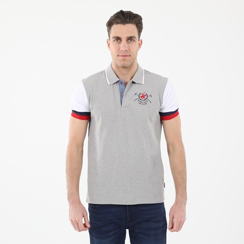 BEVERLY HILLS POLO CLUB-Ανδρική polo μπλούζα BEVERLY HILLS POLO CLUB BHP.1S2.062.019 Americana THANKS FOR γκρι λευκό