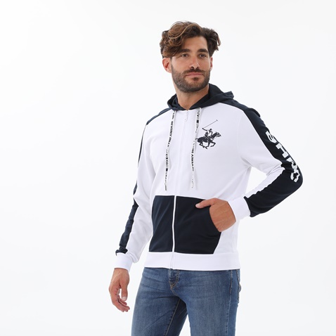 BEVERLY HILLS POLO CLUB-Ανδρική φούτερ ζακέτα BEVERLY HILLS POLO CLUB λευκή μπλε
