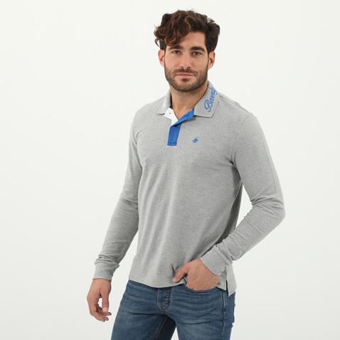 BEVERLY HILLS POLO CLUB-Ανδρική polo μπλούζα BEVERLY HILLS POLO CLUB γκρι