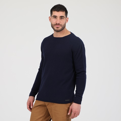DIRTY LAUNDRY-Ανδρική πλεκτή μπλούζα DIRTY LAUNDRY CASHMERE KNIT RAW-EDGED μπλε