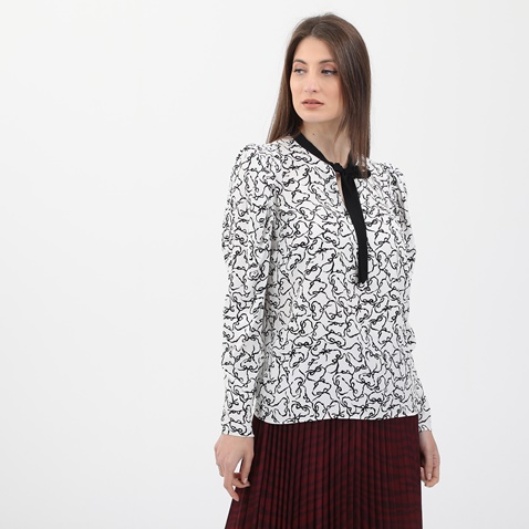 TED BAKER-Γυναικεία μπλούζα TED BAKER METROPOLIS PRINTED WOVEN TOP μαύρη λευκή