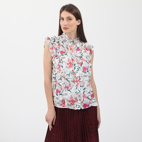 TED BAKER-Γυναικείο αμάνικο πουκάμισο TED BAKER  PLEATED RUFFLE λευκό floral
