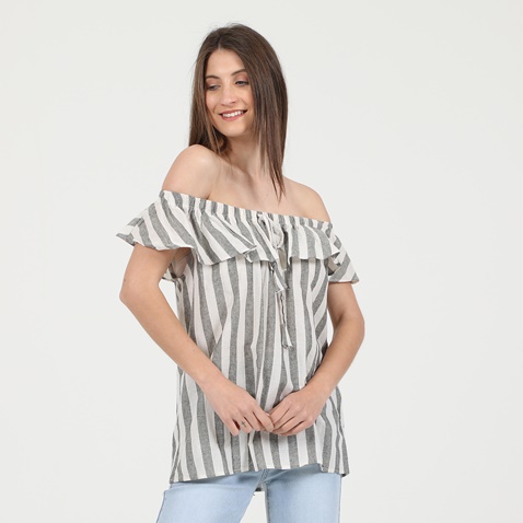 ATTRATTIVO-Γυναικεία off the shoulders μπλούζα ATTRATTIVO ριγέ λευκή γκρι