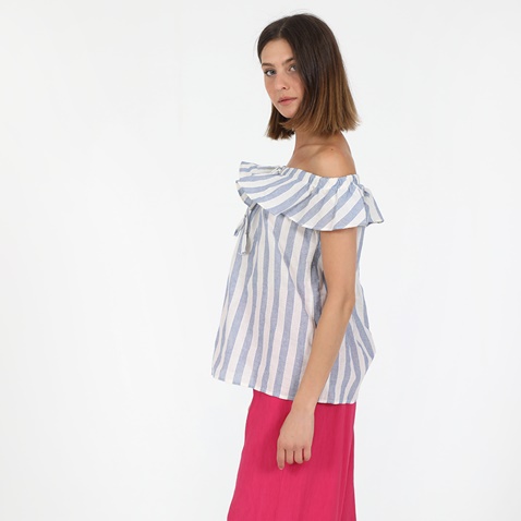 ATTRATTIVO-Γυναικεία off the shoulders μπλούζα ATTRATTIVO ριγέ λευκή μπλε