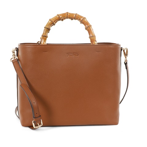 FOLLI FOLLIE-Γυναικεία δερμάτινη τσάντα tote FOLLI FOLLIE Harmony με λαβές bamboo καφέ