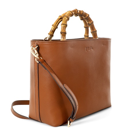 FOLLI FOLLIE-Γυναικεία δερμάτινη τσάντα tote FOLLI FOLLIE Harmony με λαβές bamboo καφέ