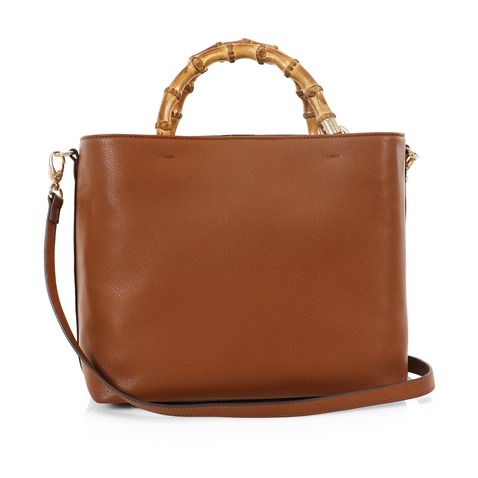 FOLLI FOLLIE-Γυναικεία δερμάτινη τσάντα tote FOLLI FOLLIE Harmony με λαβές bamboo καφέ