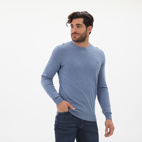 GANT-Ανδρική λεπτή πλεκτή μπλούζα GANT 8050063 Cotton Cashmere γαλάζια
