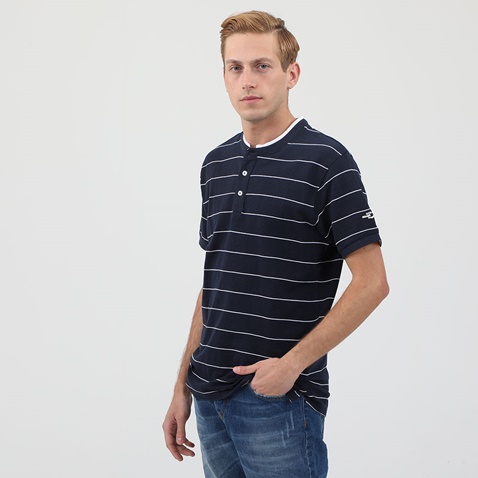 OCEAN SHARK-Ανδρική polo μπλούζα OCEAN SHARK POLO PIQUE MAO COLLAR ριγέ μπλε λευκή